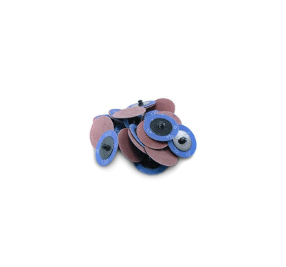 Stack of 3M E-43222 2-inch aluminum oxide Roloc discs showing burgundy abrasive surface and blue backing