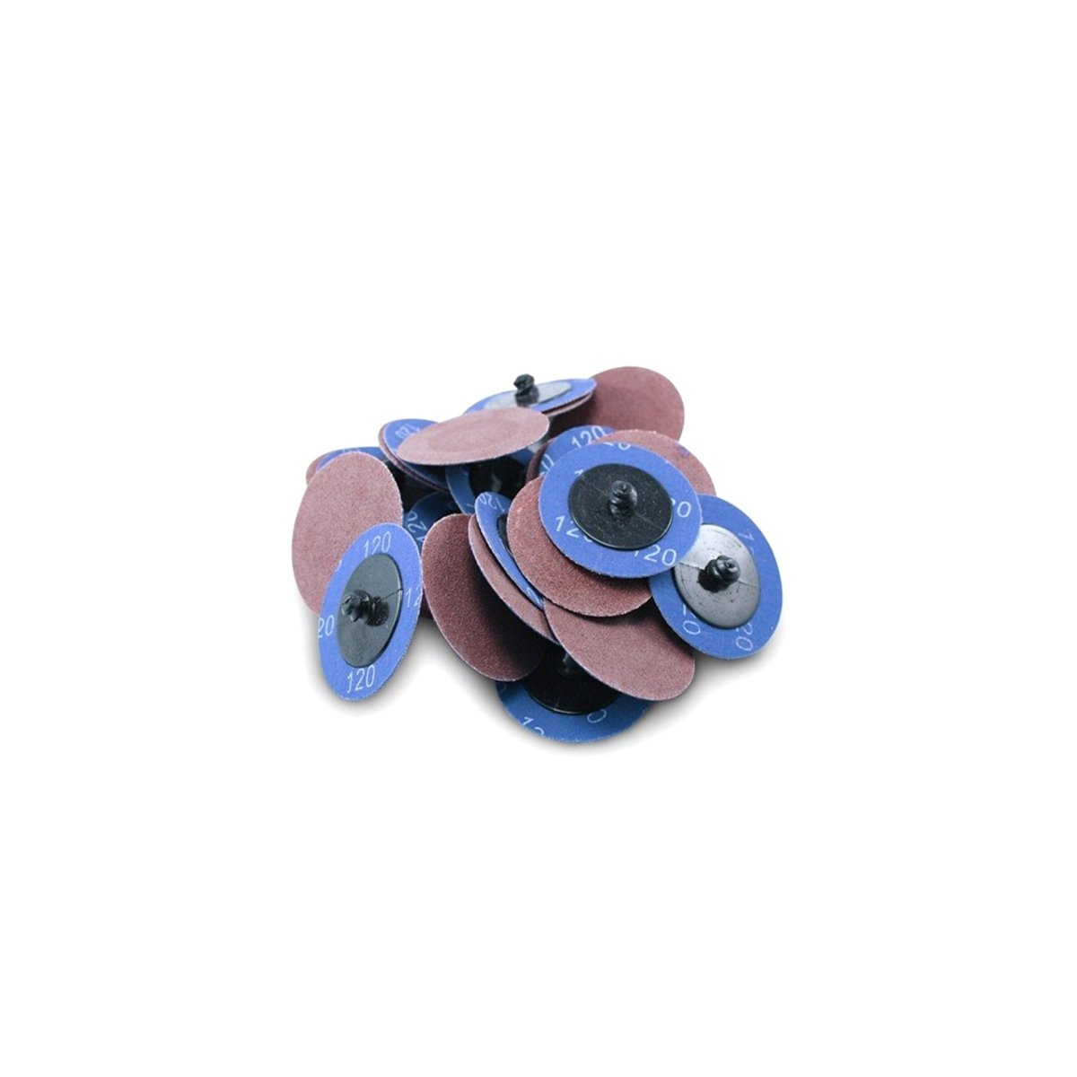 3M aluminum oxide sanding discs with Roloc quick-change backing, showing a 2-inch circular abrasive surface in brown aluminum oxide with a Type R stud. Photo highlights professional quick-attach system used on die grinders for welding prep, blending, rust removal, and precise surface conditioning on steel, stainless, and aluminum.
