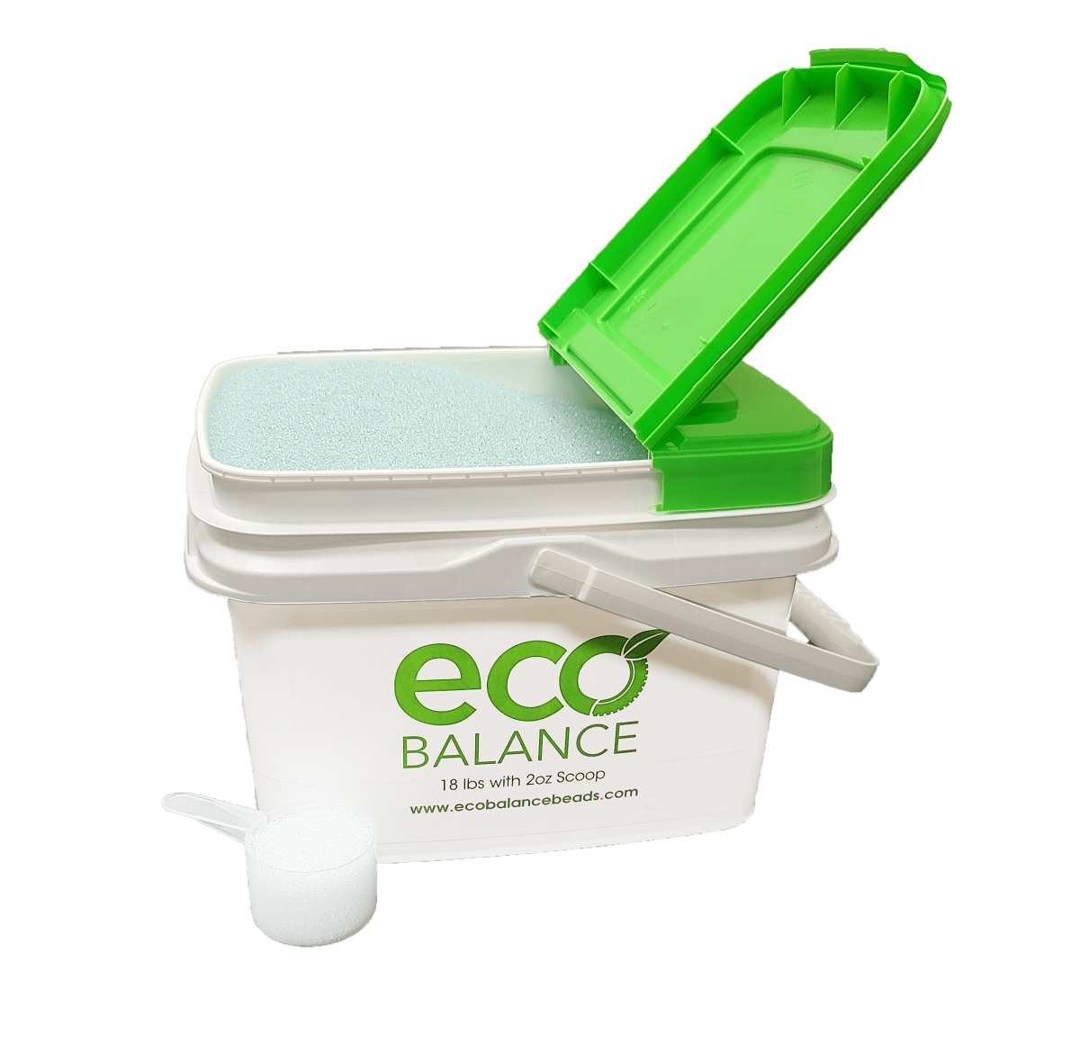 COUNTERACT ECO-B wheel beads 18 lb bucket open with green lid and included measuring scoop.