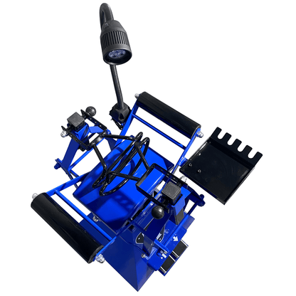 TRIUMPH TS-850 top view of blue tire spreader with power cord and black pedal.