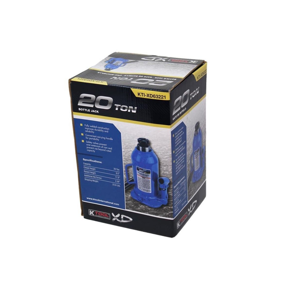K-TOOL K-63221 20-Ton Welded Bottle Jack, Adjustable Ram, Load-Limiting Valves
