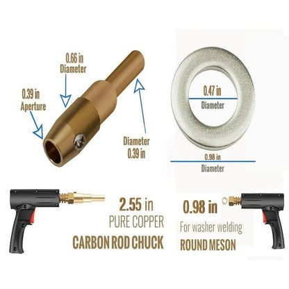 Katool 90E accessories and measurements – 2.55 in copper carbon rod chuck and 0.98 in washer ring with guns.