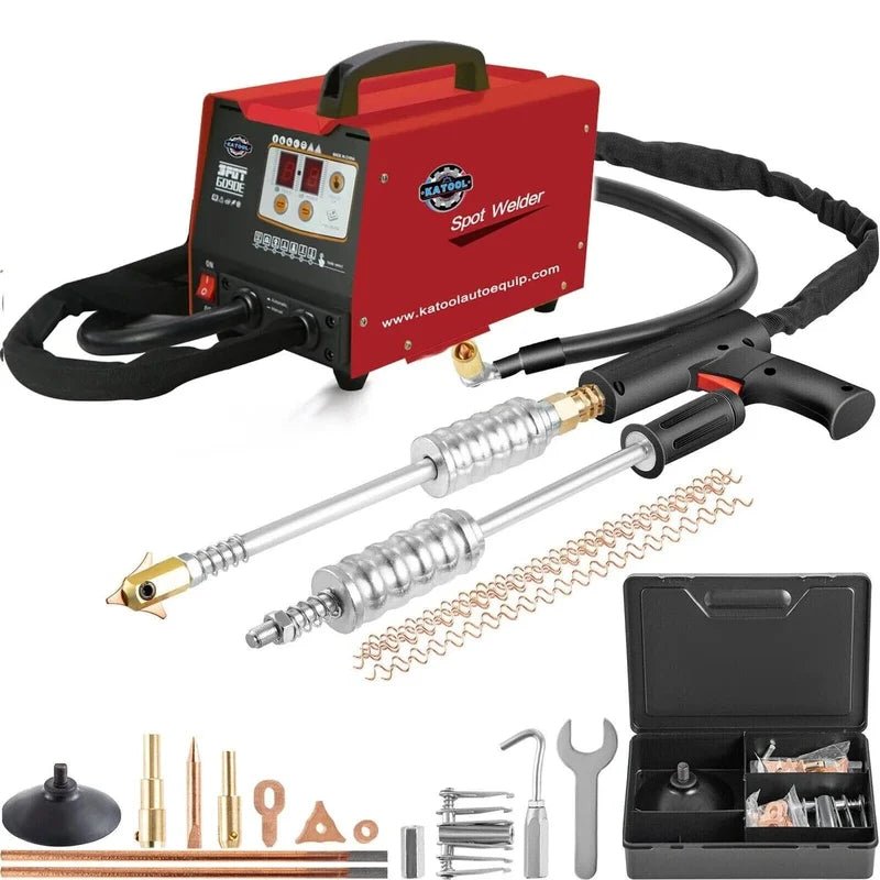 Katool 90E spot welder - red main unit with digital panel, two welding guns, cables, and accessory kit case.