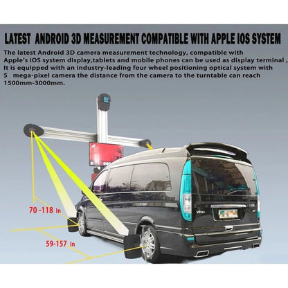 Katool KT-AV9 wheel alignment machine with Android 3D measurement system compatible with Apple iOS, showing van setup and camera-to-wheel distance range.