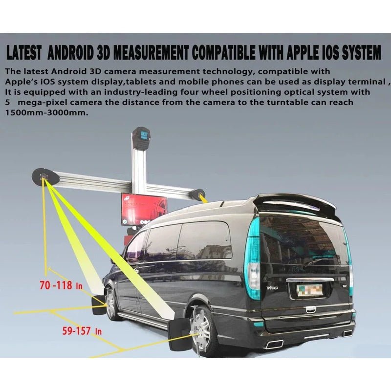 Katool KT-AV9 wheel alignment machine with Android 3D measurement system compatible with Apple iOS, showing van setup and camera-to-wheel distance range.