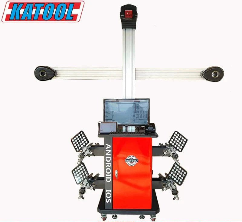 Katool KT-AV9 wheel alignment machine front view with camera beam, red cabinet, monitor, wheel clamps, and branding banner showing US warehouse locations.