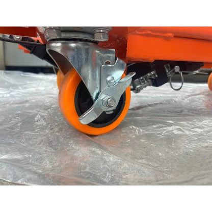 Heavy-duty locking caster wheel detail on Katool hydraulic table