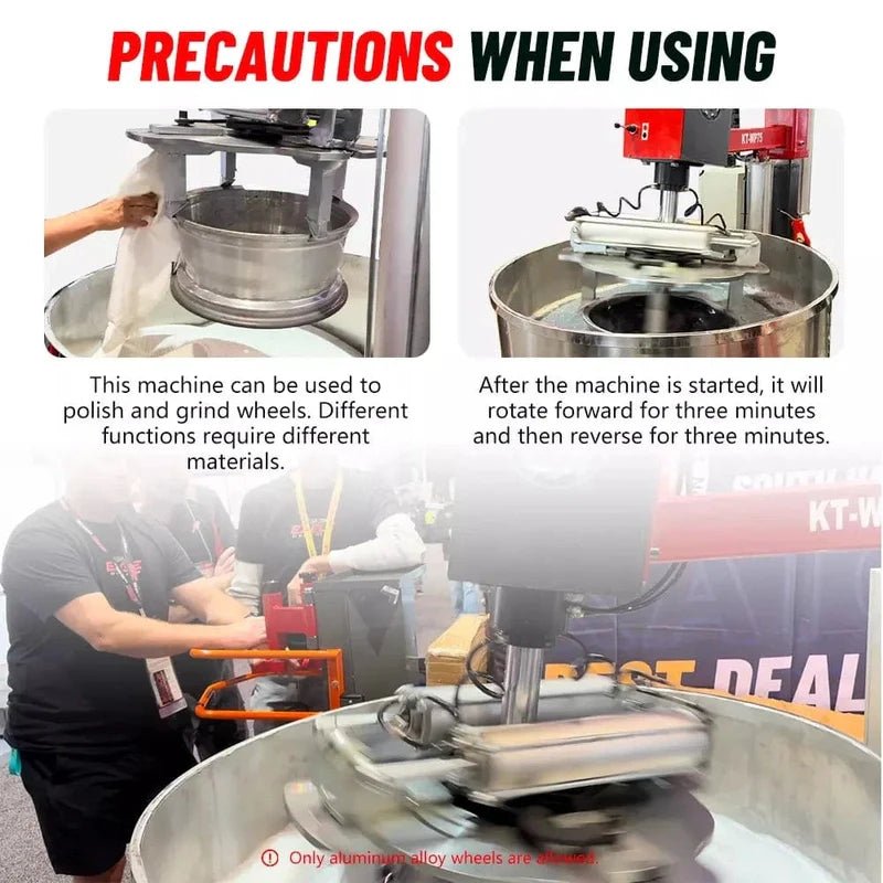 Katool RPM-80 Rim Polishing Machine safety precautions graphic showing usage instructions, polishing drum operation steps, and wheel material limitations