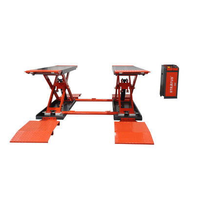 Stratus Extra Wide Extra Tall Commercial Grade 10,000 lbs Open Center Mobile Mid Rise Pneumatic Safety Lock Release Scissor Vehicle Lift, SAE-MS10000P