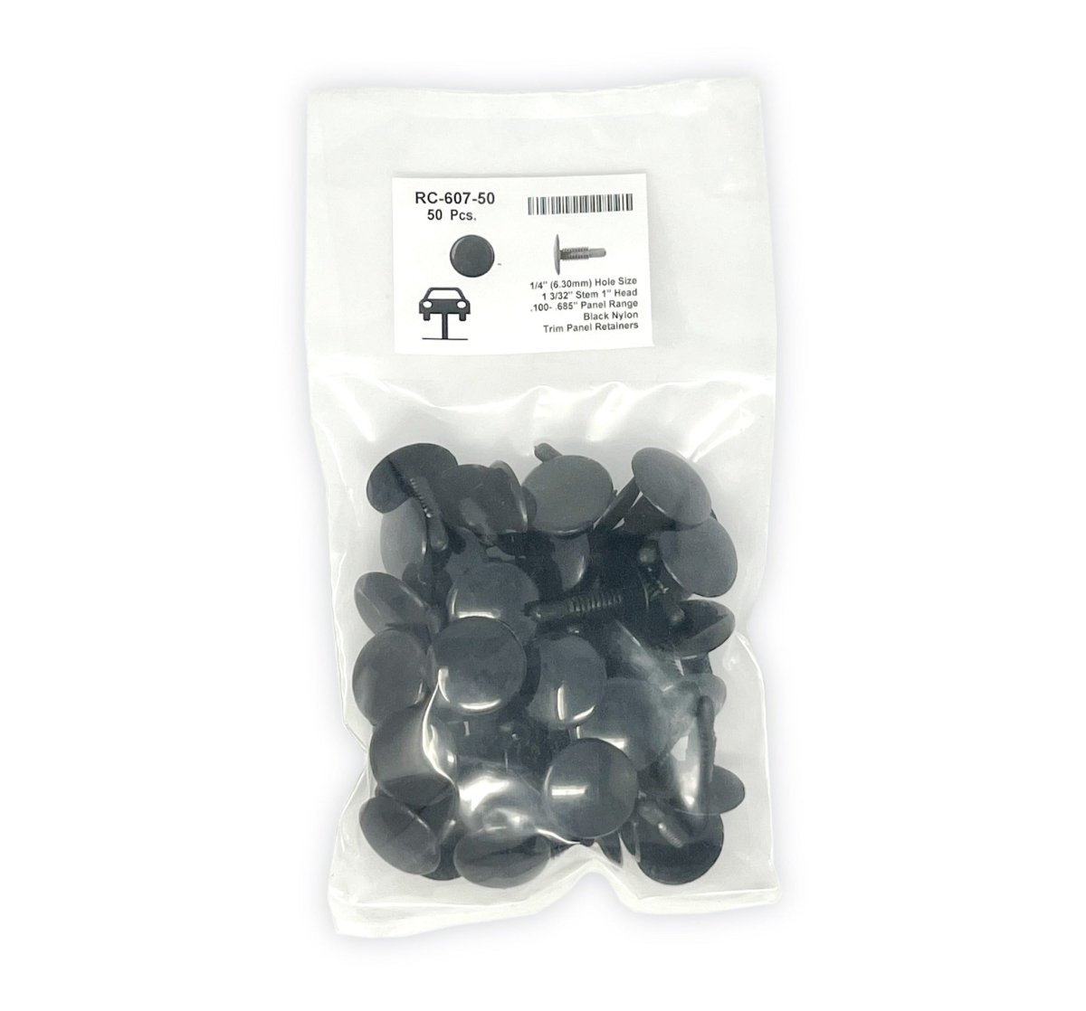 MT-RSR RC-607-50 Black Nylon Trim Panel Retainer Clip, 1/4" Hole, 1 3/32" Stem (50 Pack)