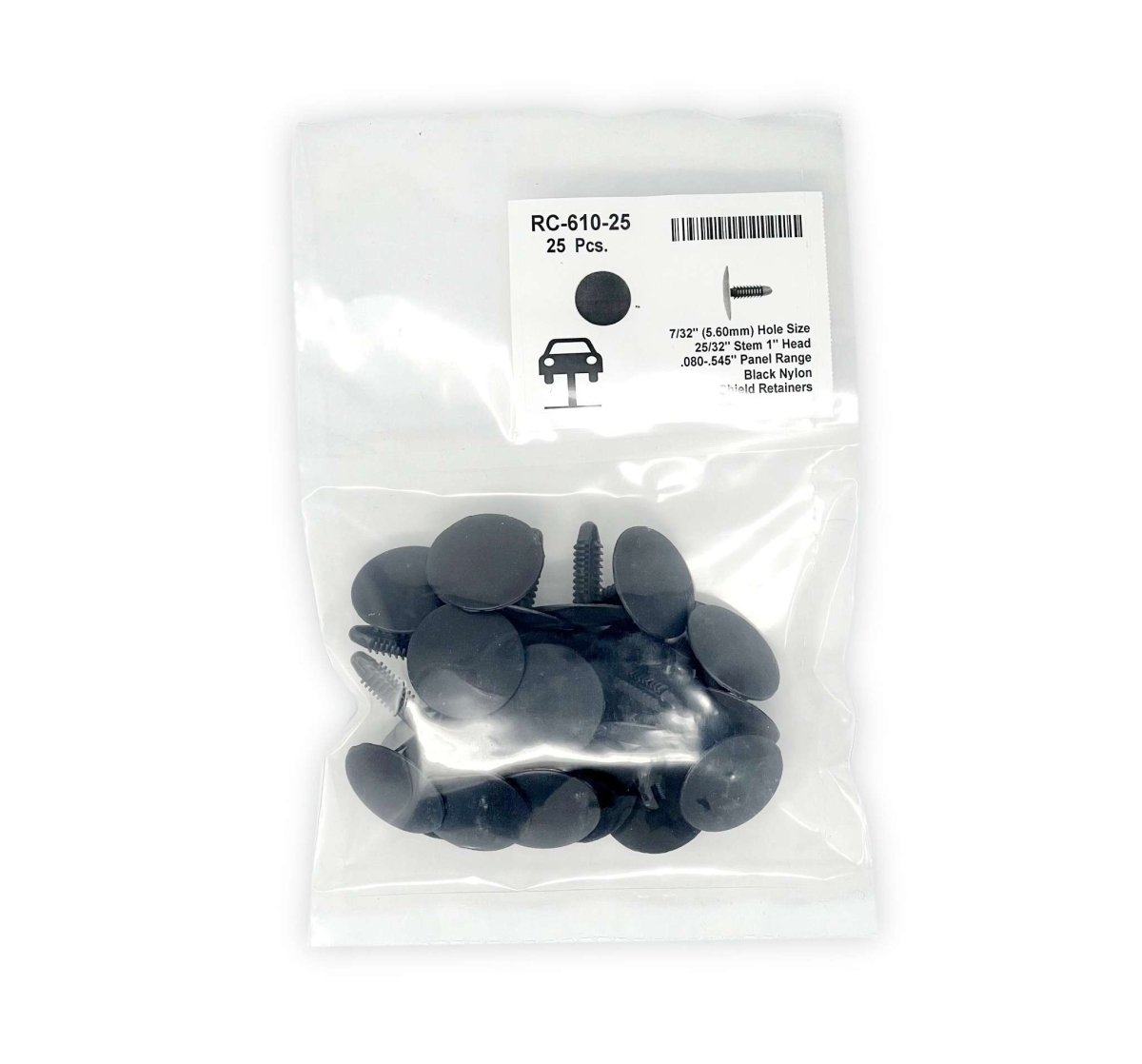 MT-RSR RC-610-25 Black Universal Nylon Shield Retainer, 1" Head Diameter, 1/4" Stem Diameter, 25/32" Stem Length, Ford # N808370-S (Pack of 25)