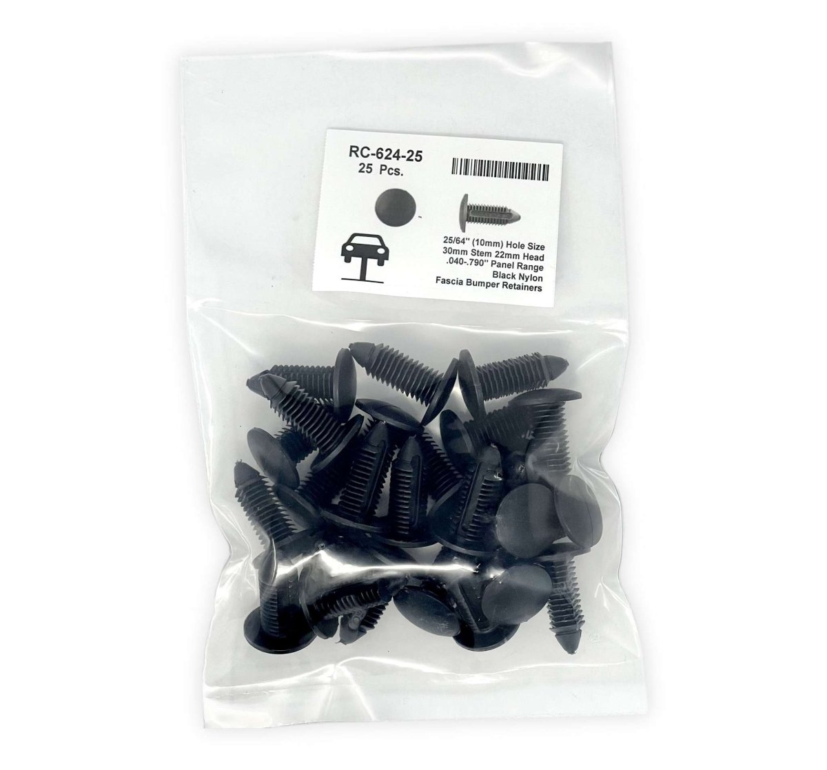 MT-RSR RC-624-25 Universal Nylon Fascia Bumper Retainer, 22mm Head, 11mm Stem, 28mm Length, Ford # N804379S (Pack of 25)