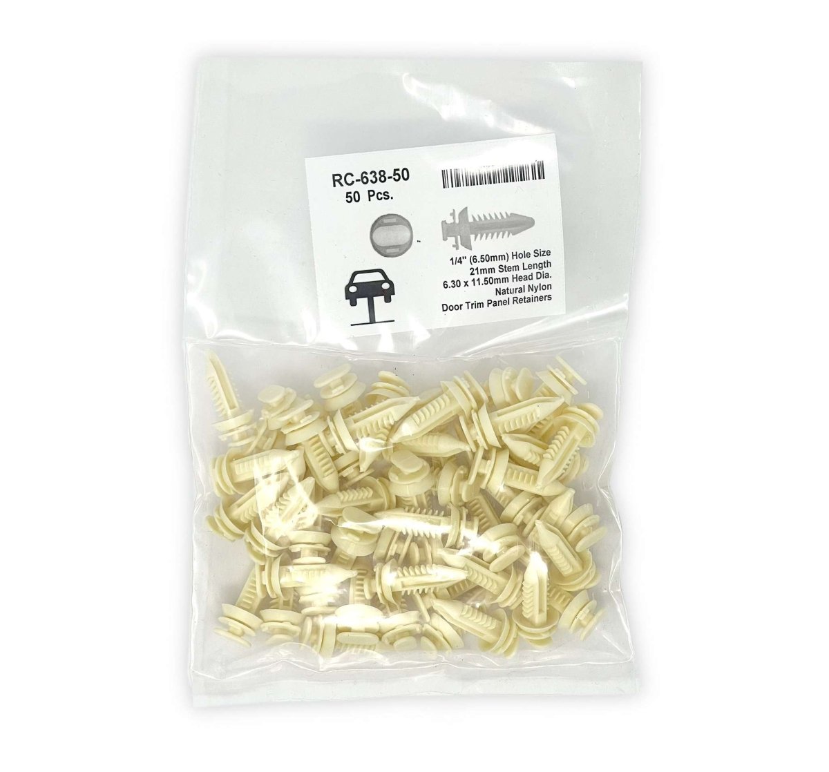 MT-RSR RC-638-50 Nylon Door Panel Retainer Clip, 6.5mm Hole, 21mm Stem (50 Pack)