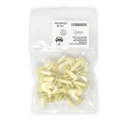 MT-RSR RC-639-25 White Nylon Door Panel Retainer Clip, 7mm Hole, 24mm Stem (25 Pack)