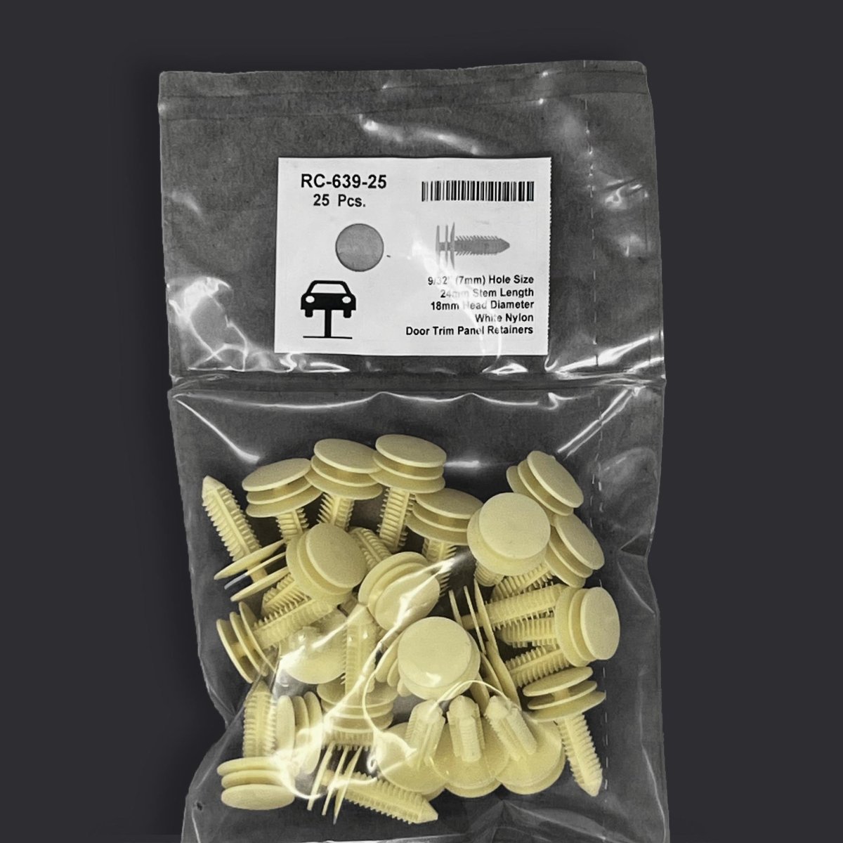 MT-RSR RC-639-25 White Nylon Door Panel Retainer Clip, 7mm Hole, 24mm Stem (25 Pack)