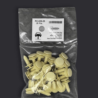 MT-RSR RC-639-25 White Nylon Door Panel Retainer Clip, 7mm Hole, 24mm Stem (25 Pack)