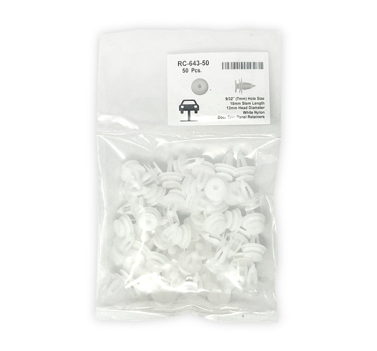 MT-RSR RC-643-50 White Nylon Door Panel Retainers, 7mm Hole, 13mm Head, 15mm Stem (Pack of 50)