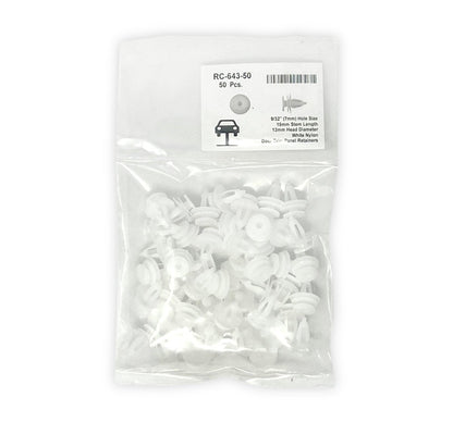 MT-RSR RC-643-50 White Nylon Door Panel Retainers, 7mm Hole, 13mm Head, 15mm Stem (Pack of 50)