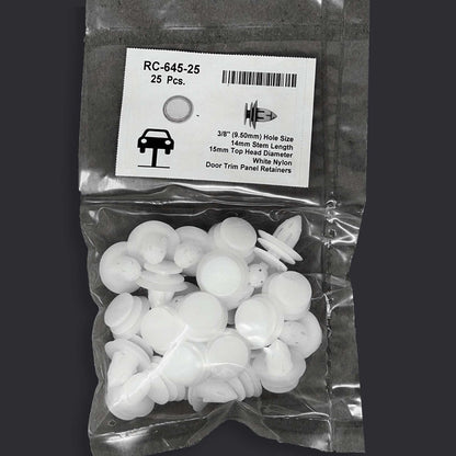 MT-RSR RC-645-25 White Nylon Door Panel Retainer, 9.5mm Hole, 15mm Head, 14mm Stem (Pack of 25)