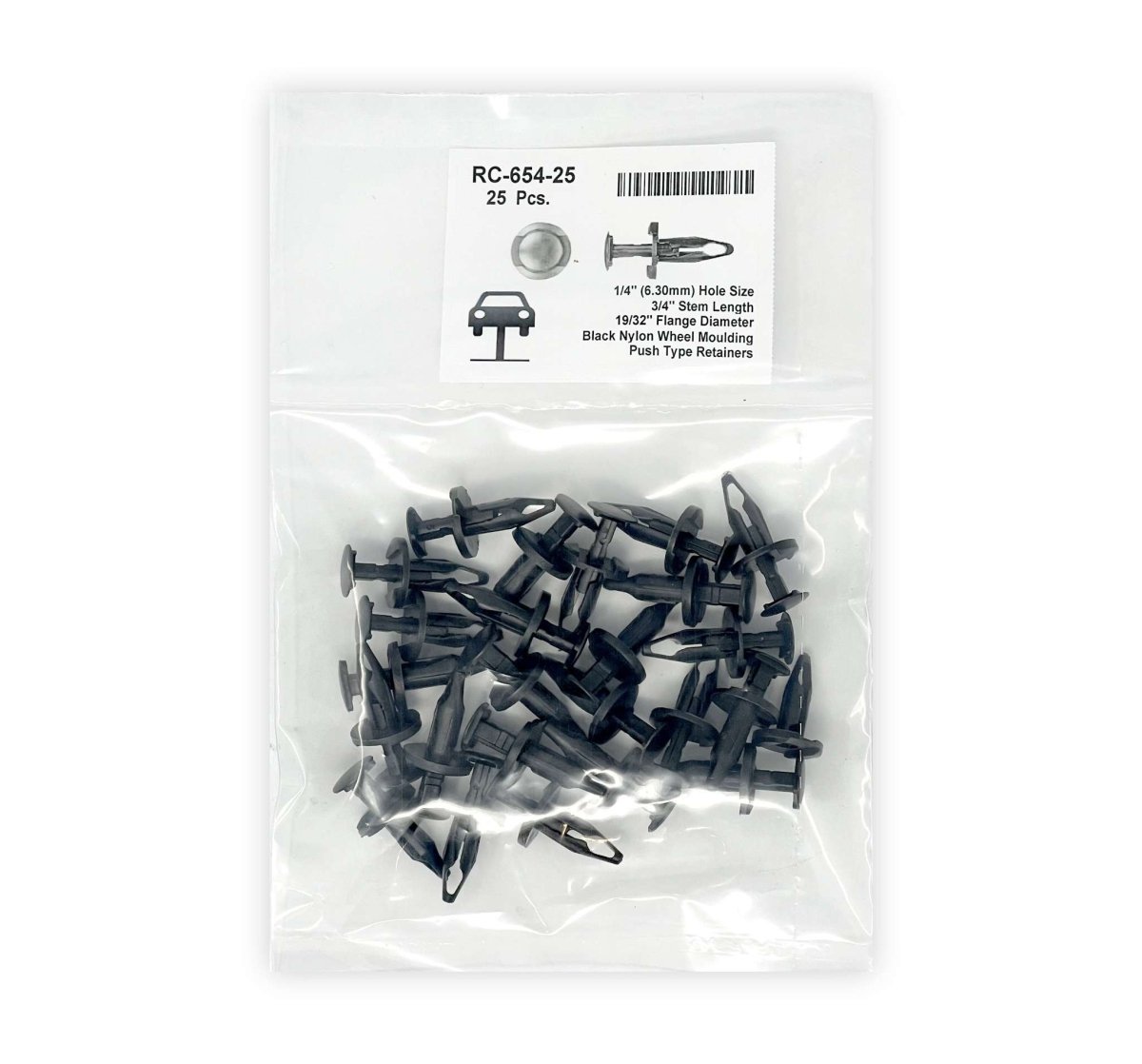MT-RSR RC-654-25 Black Nylon Push-Type Retainer, 19/32" Head, 3/4" Stem, Fits 1/4" Hole (25 Pack, GM #21077123)