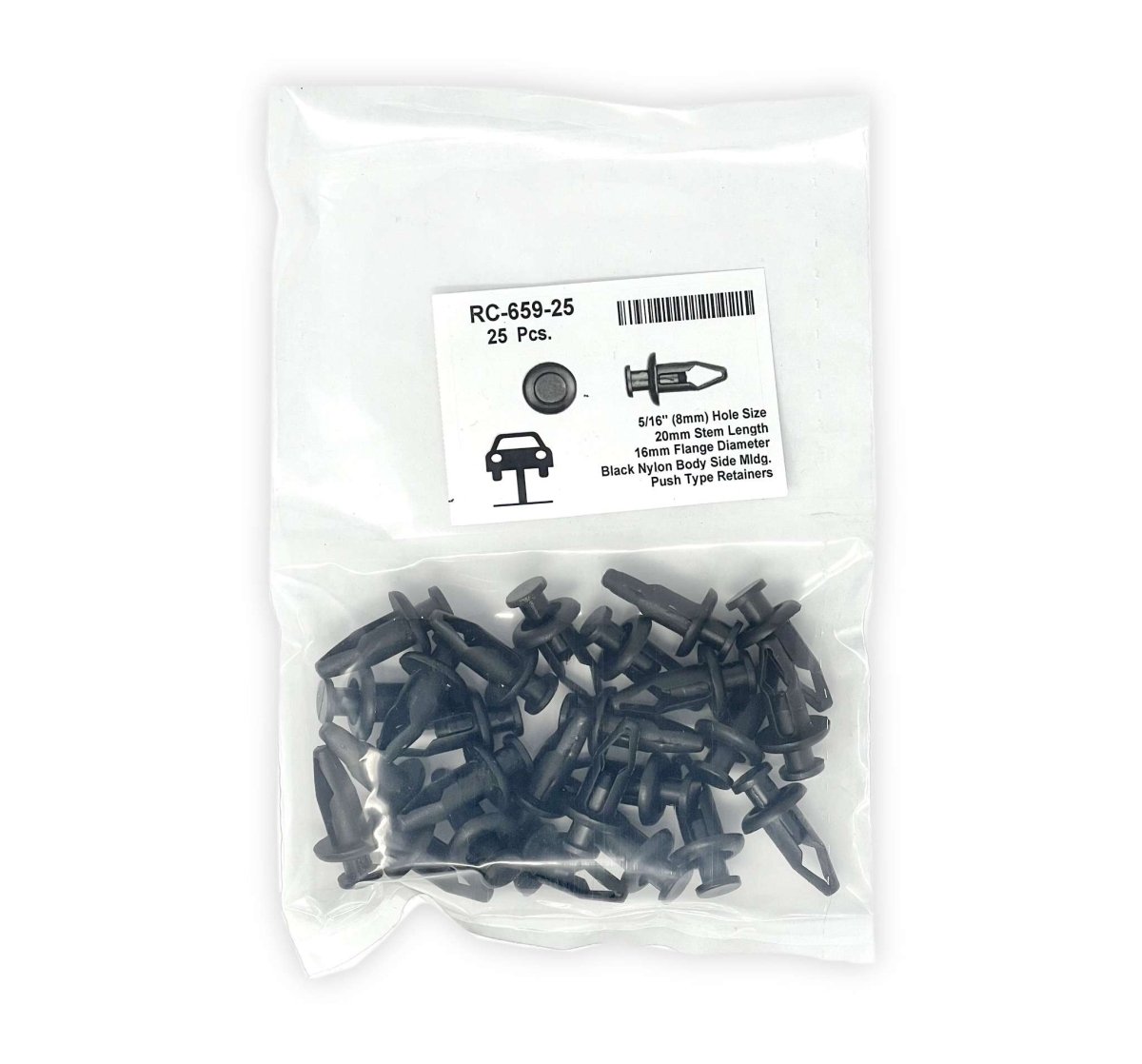 MT-RSR RC-659-25 Black Nylon Push-Type Retainer, 16mm Head, 20mm Stem, Fits 8mm Hole (Pack of 25)