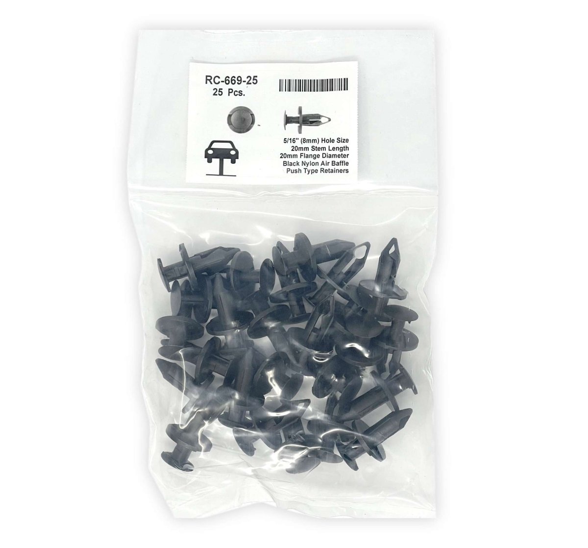 MT-RSR RC-669-25 Black Nylon Push-Type Retainer, 20mm Head, 20mm Stem, Fits 8mm Hole (25-Pack)