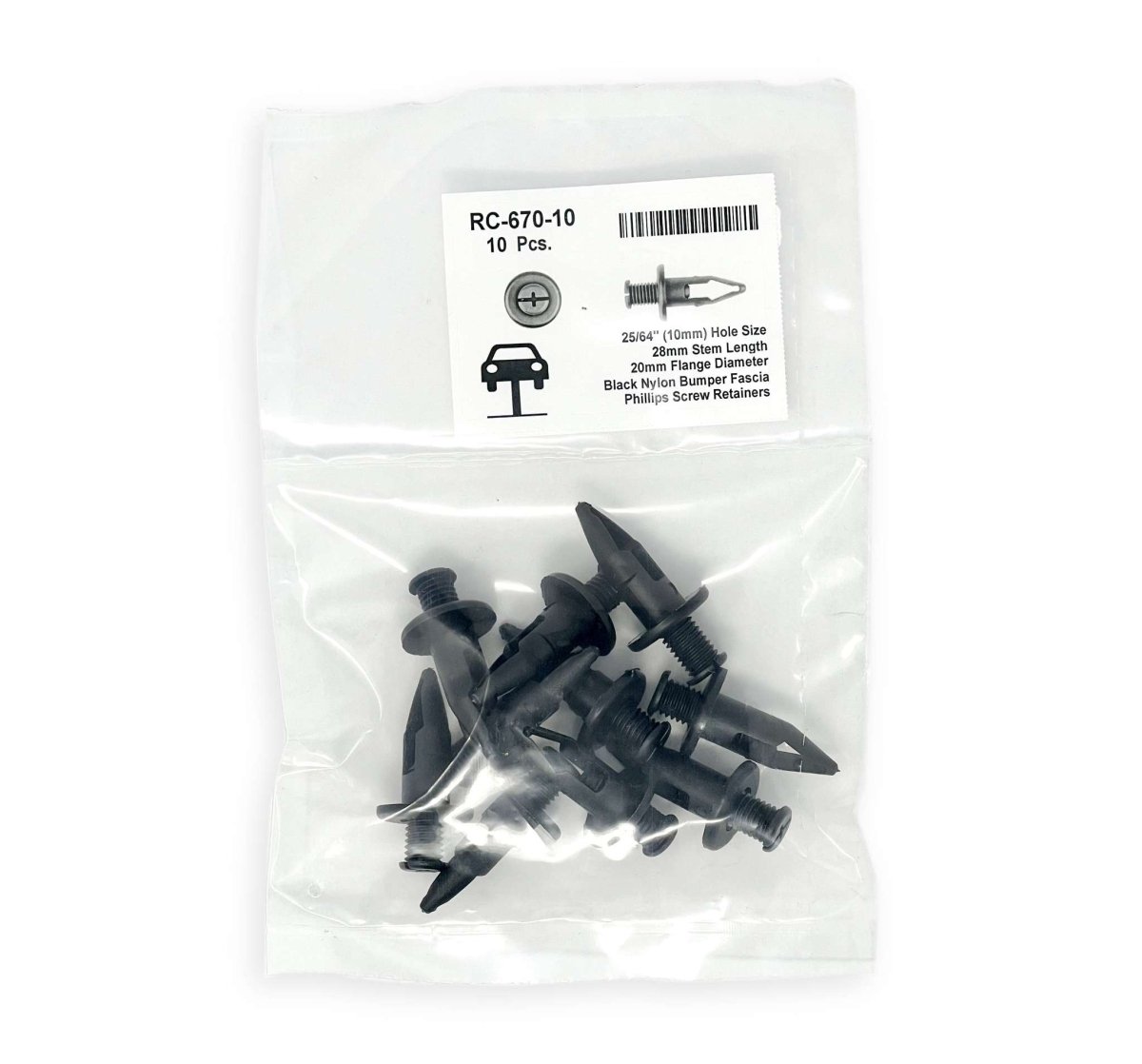 MT-RSR RC-670-10 Black Nylon Bumper Fascia Retainer, 10mm Hole, 28mm Stem (Pack of 10)