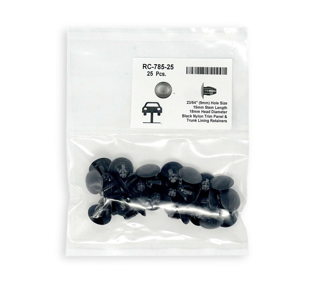 MT-RSR RC-785-25 Black Nylon Front Fender Push-Type Retainer, Fits Acura & Honda, 8mm Hole, 20mm Head (Pack of 25)