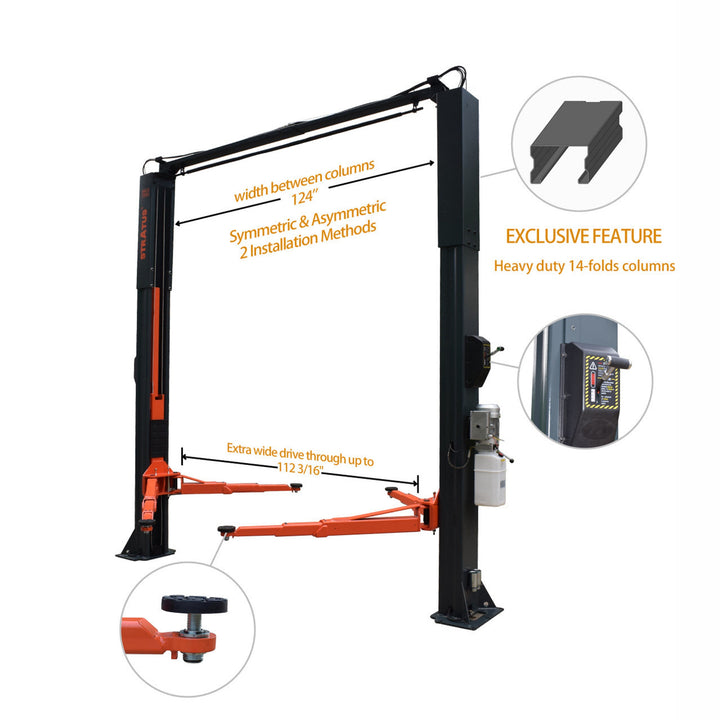 Stratus | 2 Post Extra Wide Asymmetric & Symmetric Vehicle Lift | Clear Floor | Direct Drive | Single Point Manual Release | 10,000 lbs Capacity | SAE-C10X