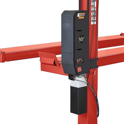 Rotary SMO14 Shockwave-equipped four-post lift, red