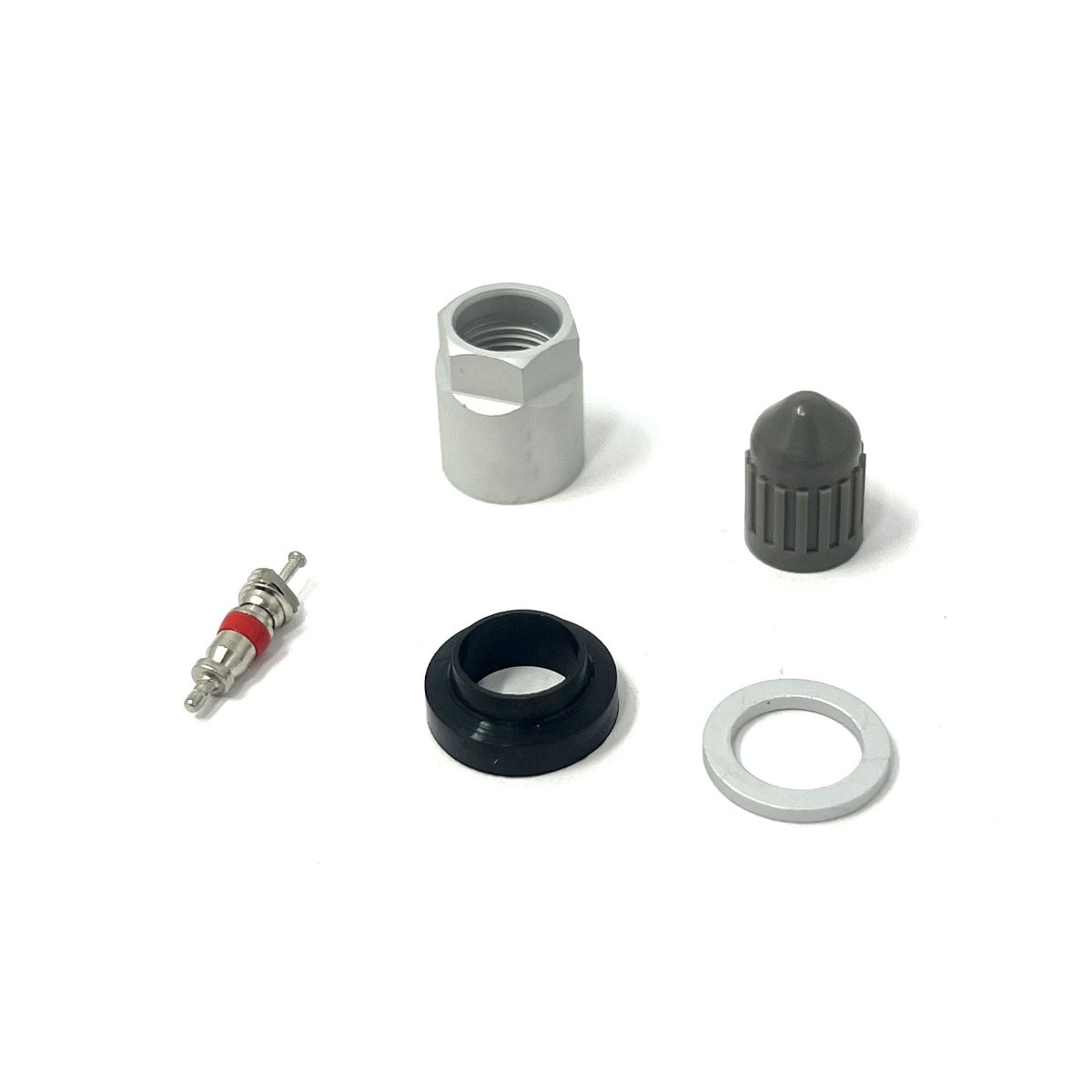 MT-RSR TPS-6127 components on white, valve core, gray cap, black grommet, metal nut and washer arranged in a row.