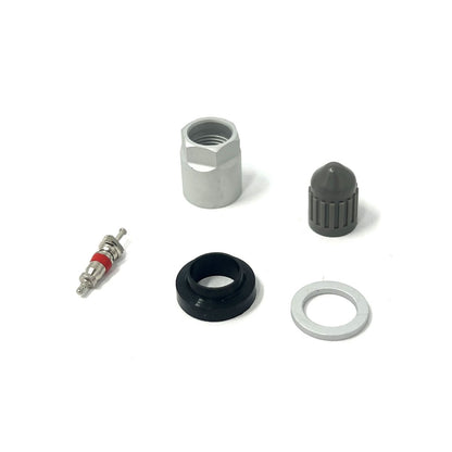 MT-RSR TPS-6127 components on white, valve core, gray cap, black grommet, metal nut and washer arranged in a row.