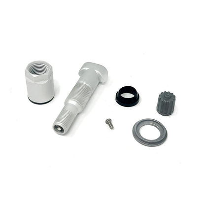 MT-RSR TPS-6201 TPMS valve replacement parts laid out: silver stem, metal nut, black grommet, gray cap and sealing washer.