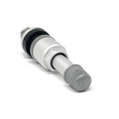 MT-RSR TPS-6204 TPMS valve, angled view displaying threaded stem, hex nut and sealing washers, 56mm Huf Gen 2.