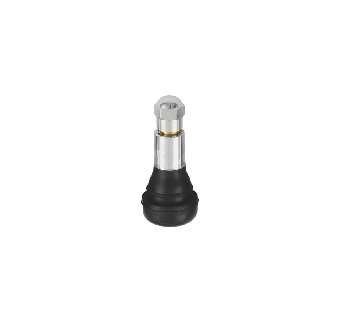 MT-RSR TR413C chrome stem snap in tire valve with black rubber base on white background