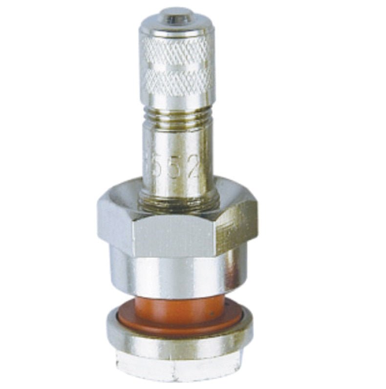 MT-RSR TR552 clamp in truck tire valve, short straight stem with gasket, front view on white.