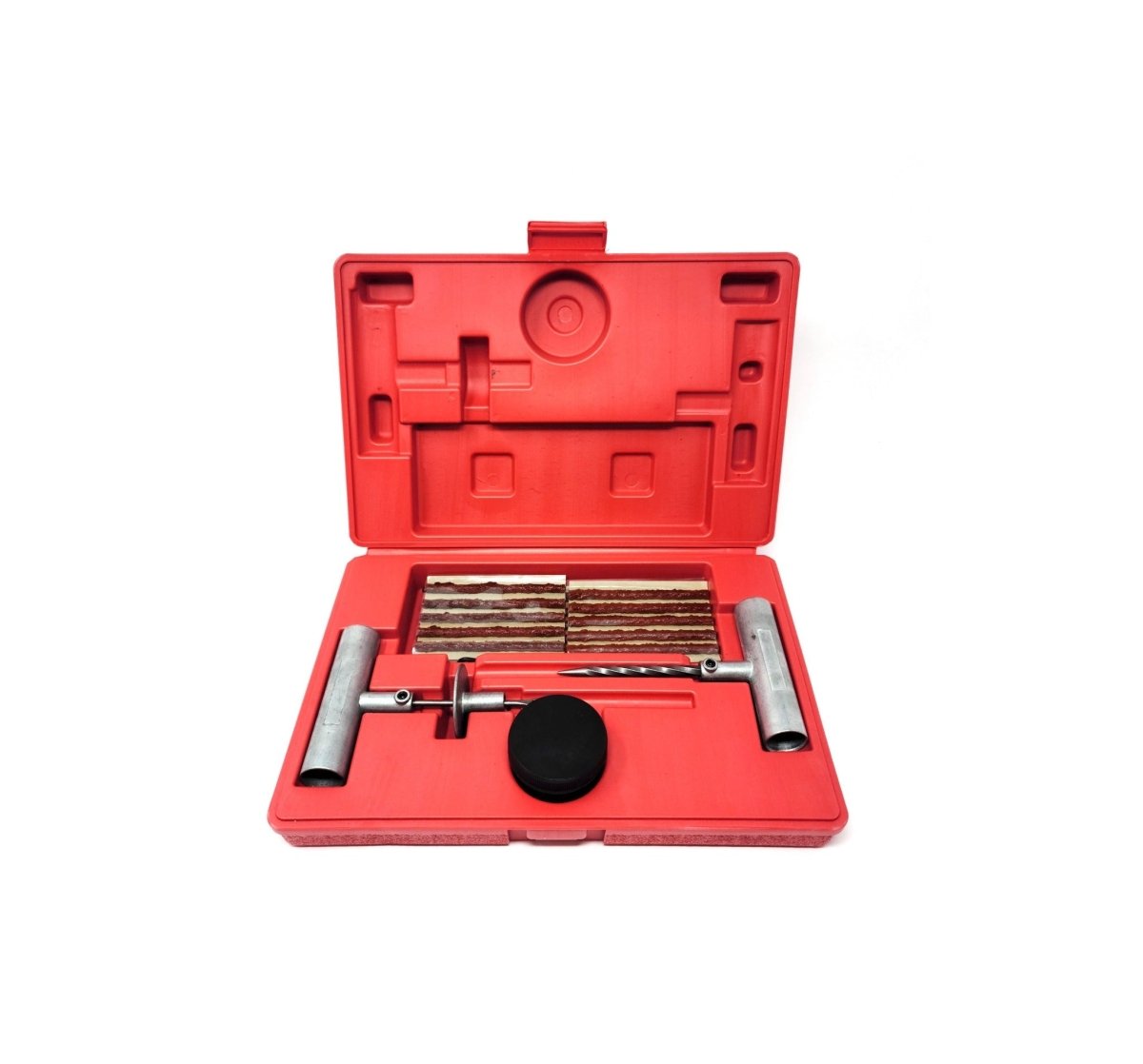 MT-RSR TRK-RED tire repair kit open red case showing plugs and T handle tools.