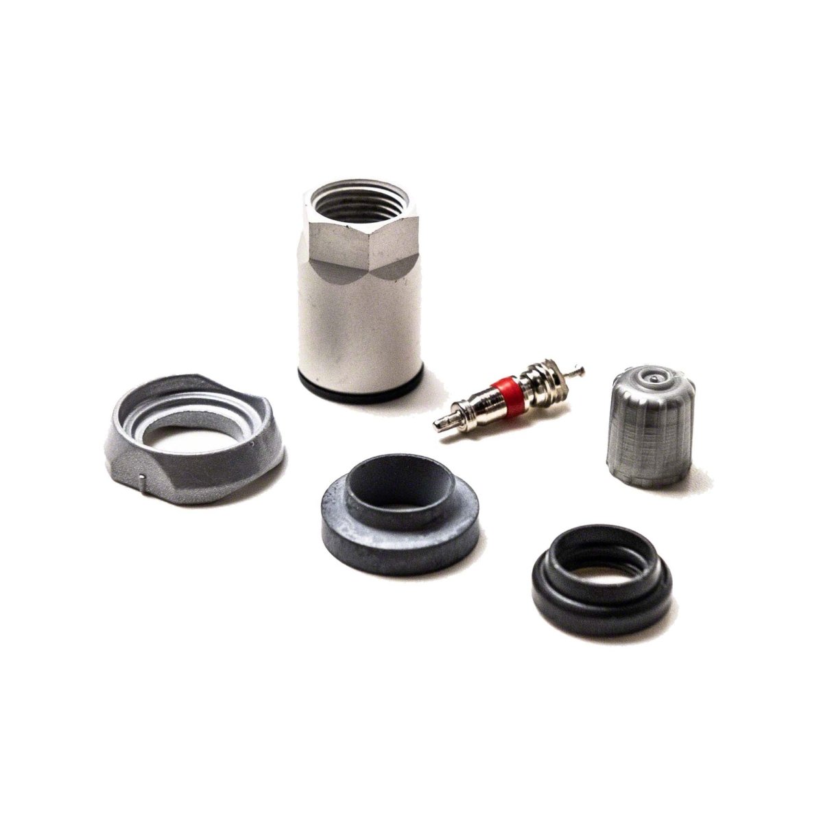 Wegmann Automotive WG-U1 TPMS service kit components including valve parts and seals arranged on white background.