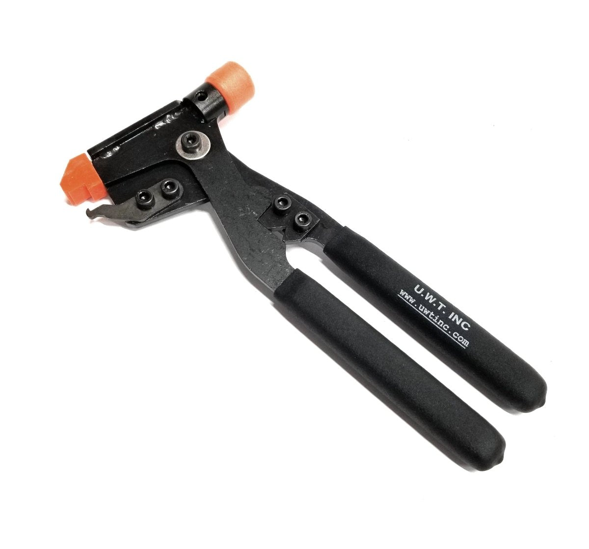 UWT UWT-PLIERS wheel weight pliers and hammer with black handles and orange hammer ends shown on white background.