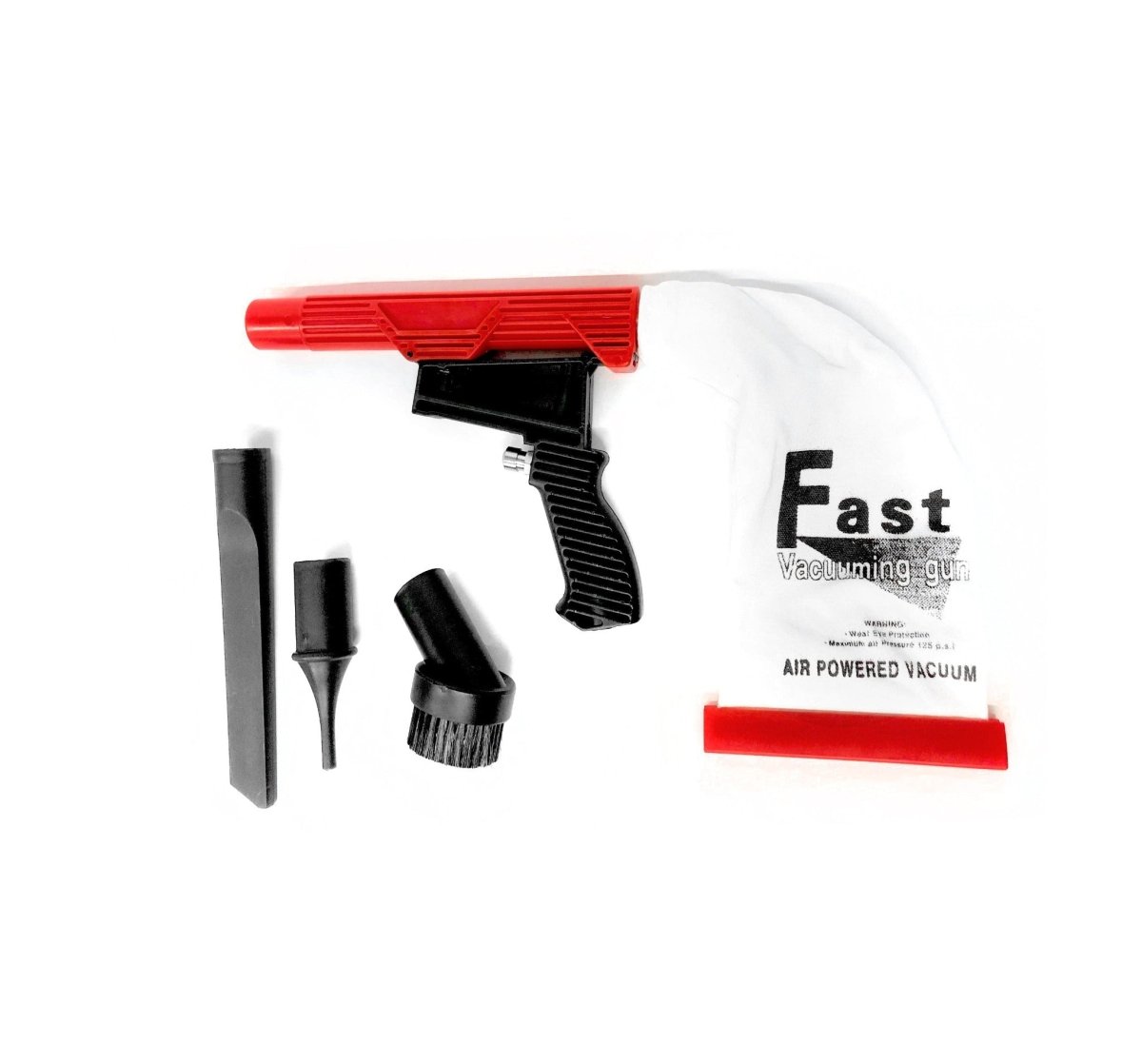 XTRA SEAL Quick Spiff air-powered vacuum with black nozzle and attachments shown on white background.