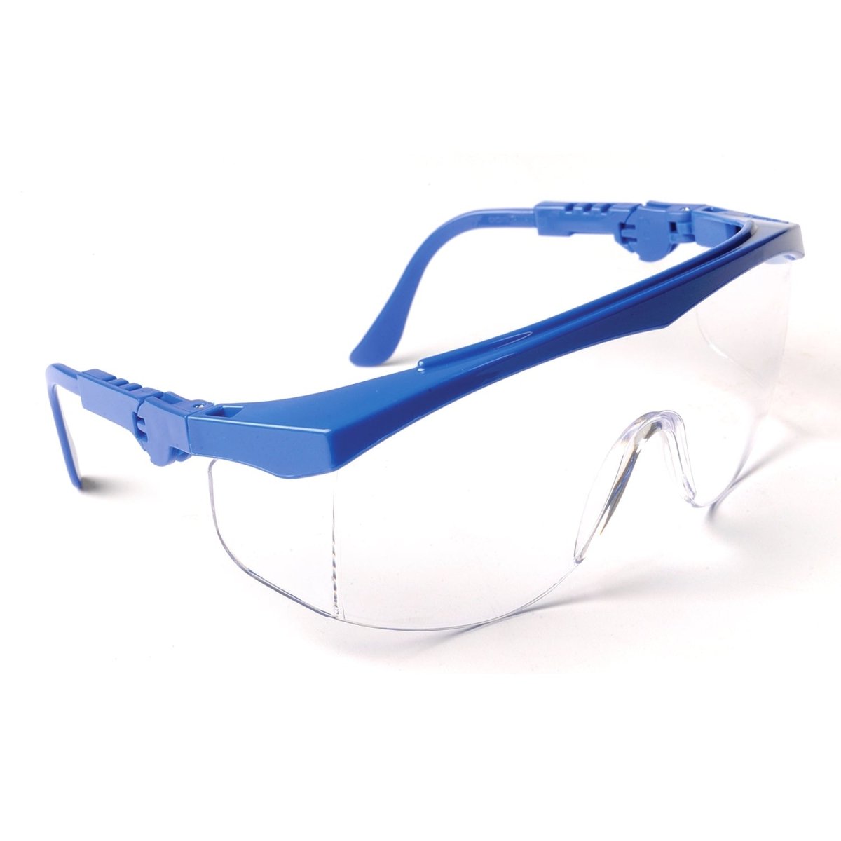 Clear safety glasses with blue frame and transparent lenses shown on white background.