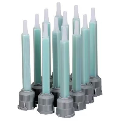3M 38195-6 static mixing nozzles 12 pieces standing together with gray bases on white background.