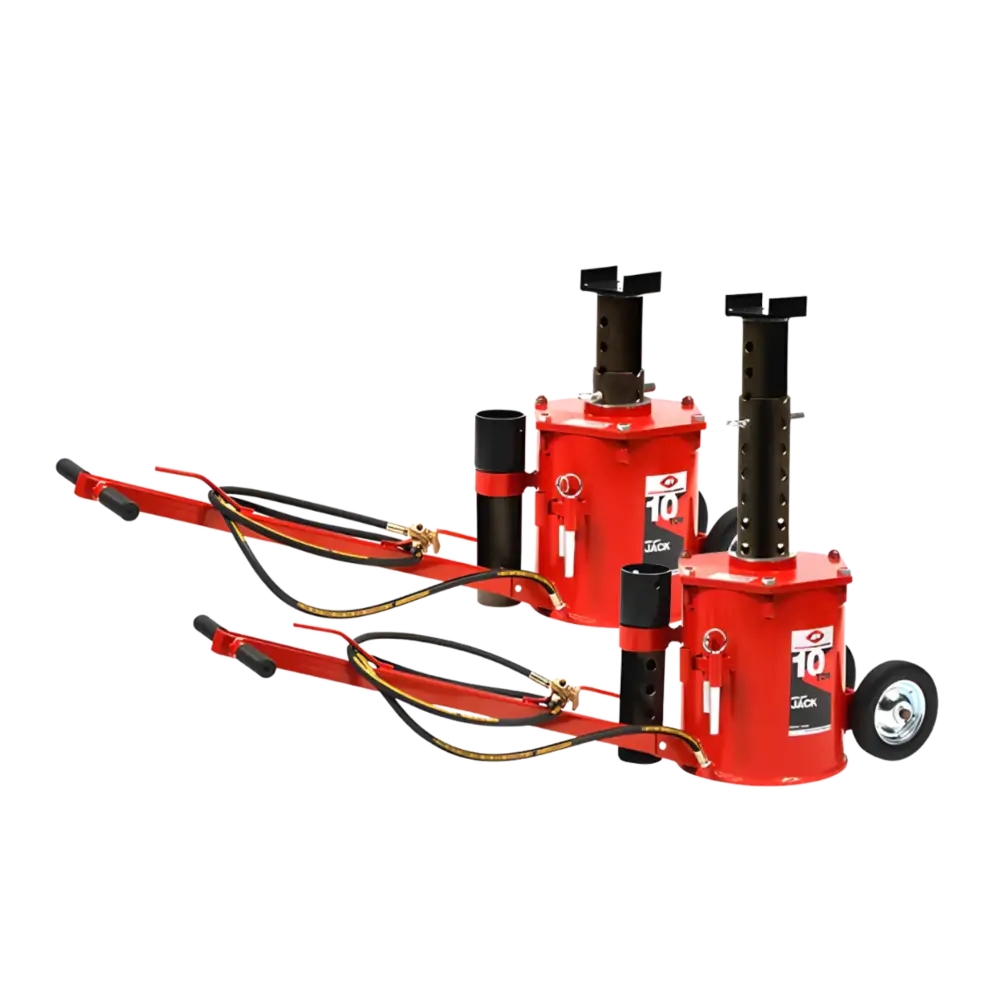 Red 10 ton air lift jack pair with black hydraulic components and wheels