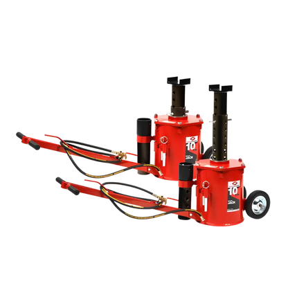 Red 10 ton air lift jack pair with black hydraulic components and wheels