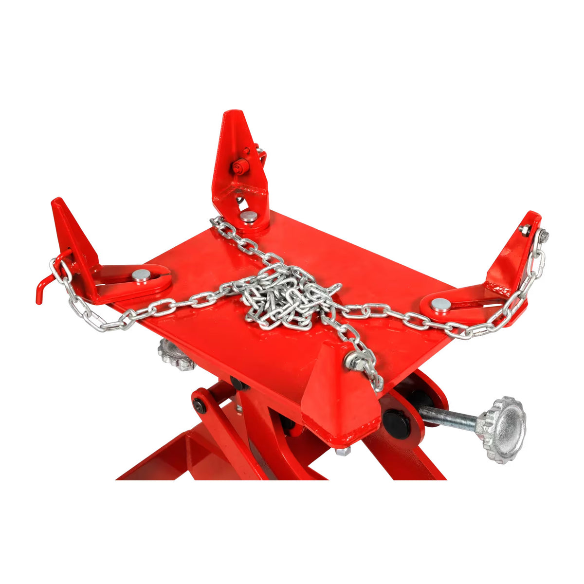 Close view of the AFF 3180A transmission jack's adjustable saddle and safety chain