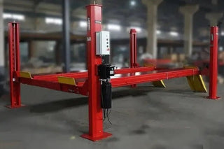 Katool KT-4H150 four post car lift side view showing 245.31 inch total length with diamond-plate runways