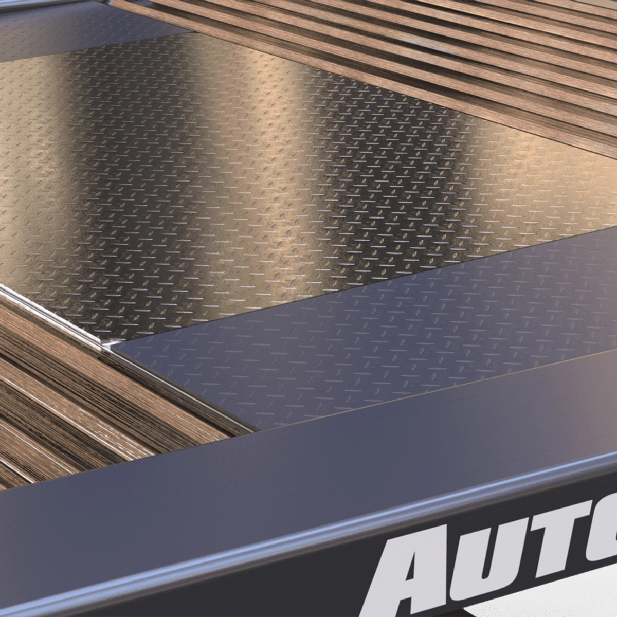Autostacker 5210198 PL-6SRX lift access panel closeup showing textured steel surface and flush fit along branded platform edge.