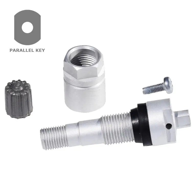 Professional TPMS valve stem replacement kit containing BARTEC B-9250 aluminum valve components including complete valve stem assembly, precision-fit grommet, hex nut, mounting screw and dust cap displayed with OE TPMS sensor for automotive tire pressure monitoring system repair and maintenance applications