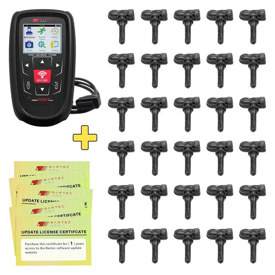 Bartec TPMS tool with 30 tire pressure sensors and wired OBD connection for auto shops