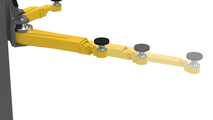 BendPak 10AP two-post lift arm assembly fully extended, showing telescoping yellow segments and adjustable contact pads in sequential positions on white background.
